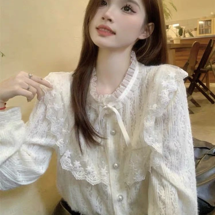秋冬季2024年新款法式甜美蝴蝶结系带打底衬衣女蕾丝衬衫磨毛上衣