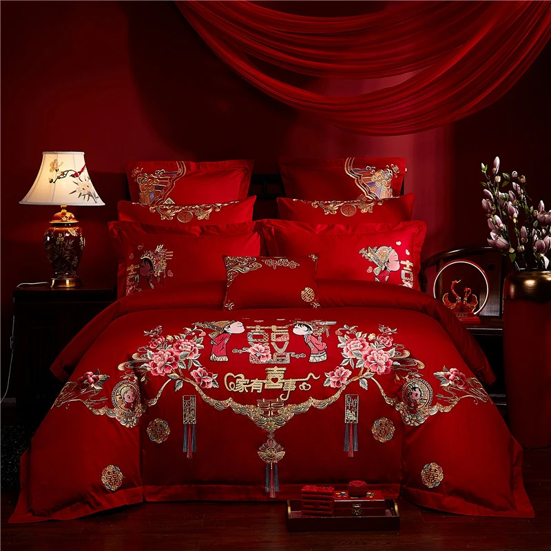 60支长绒棉红色结婚床上四件套婚床婚嫁全棉新婚庆喜被婚房刺绣