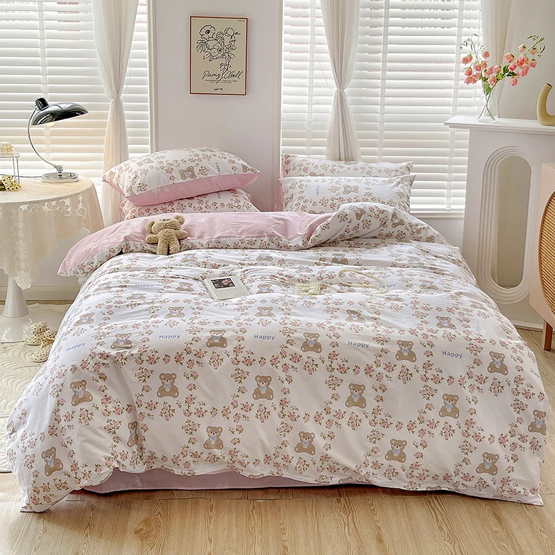 新品小清新全棉斜纹四件套印花款纯棉被套学生宿舍床上用品适合