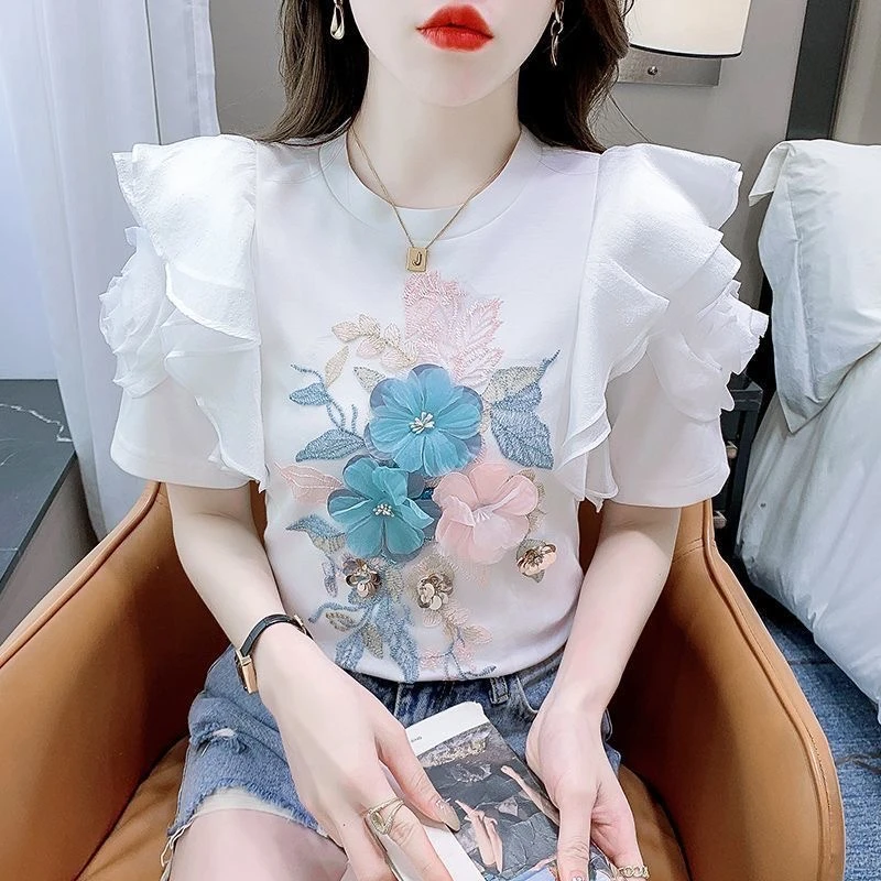 荷叶边拼接短袖t恤女夏季独特别致设计感显瘦甜美立体花朵上衣潮