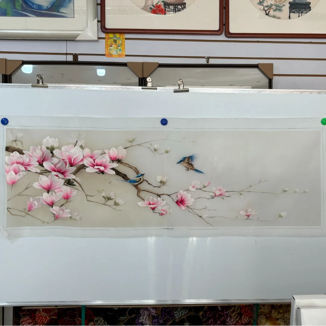 40130苏绣纯手工绣真丝底桑蚕丝线单面绣片荷花山水玉兰五福临门