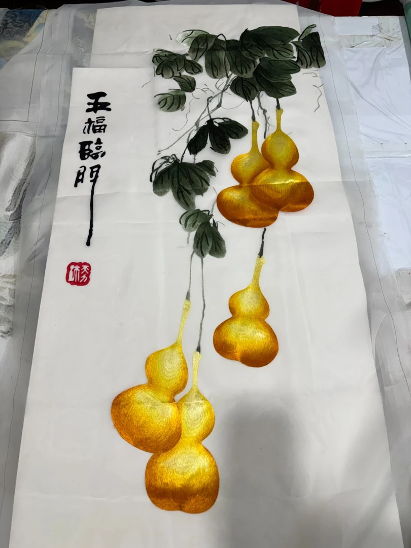 60*130高货精品苏绣纯手工绣真丝底桑蚕丝线山水花鸟福禄单面绣片