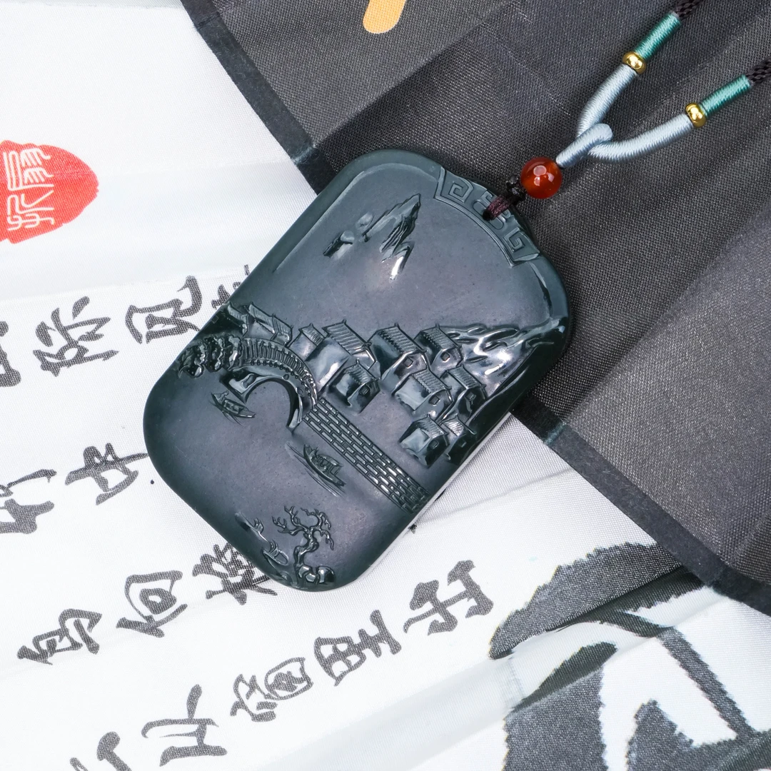 Y-517 天然和田玉 青玉 小桥流水山水牌