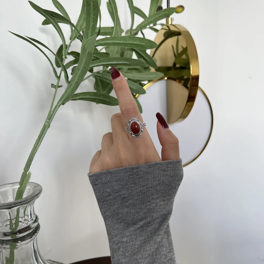 925银戒指 925银气质百搭手工轻奢时尚复古红色经典戒指