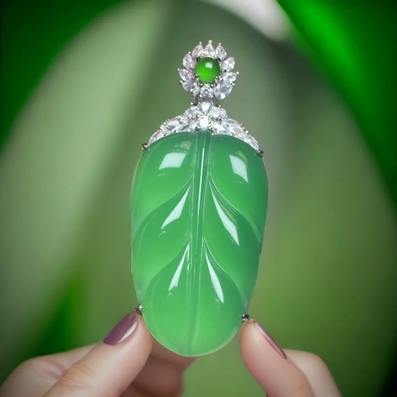 天然玉髓 s925银简镶绿叶子封底设计款