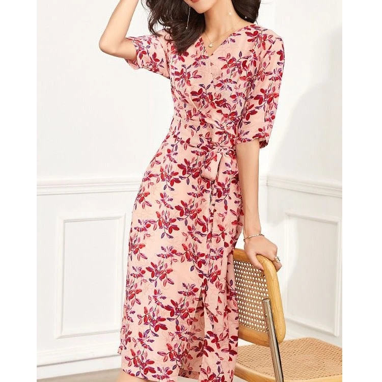 新款显瘦优雅V领时尚修身复古开叉碎花连衣裙B060