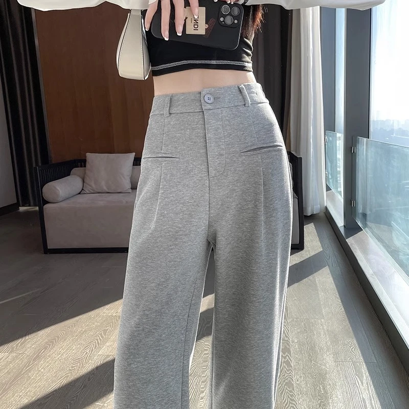 灰色阔腿裤女春秋季新款高腰直筒宽松显瘦小个子运动休闲长裤子