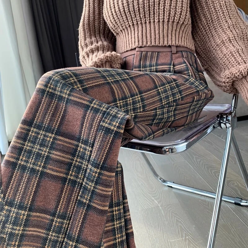 毛呢阔腿裤女2025新款高腰显瘦加绒裤子女秋冬季格子裤宽松直筒裤