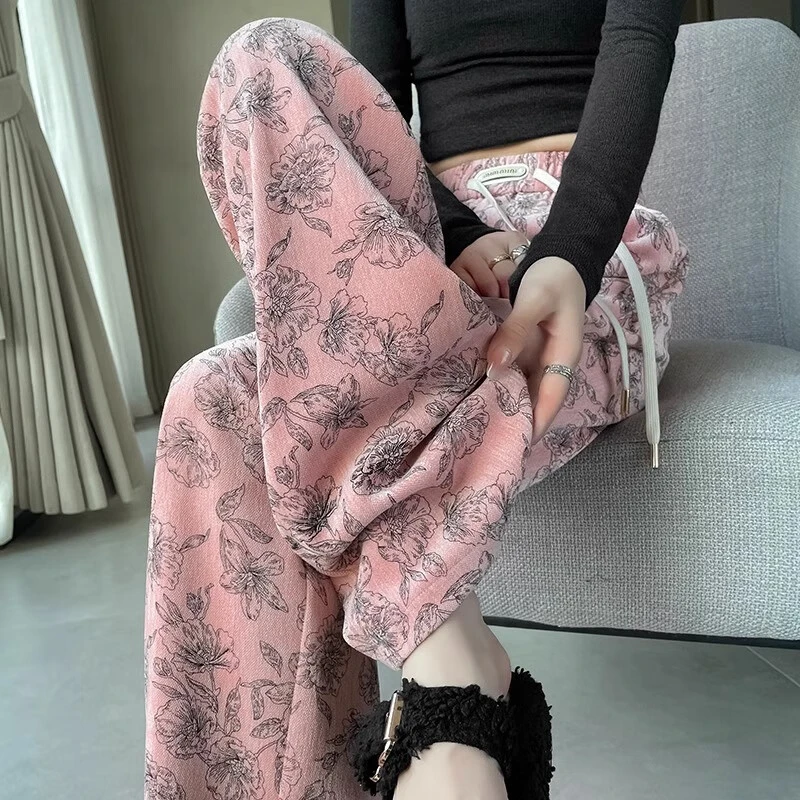 粉色印花阔腿裤女2025春秋新款薄款垂感碎花窄版裤子高档紫薇裤