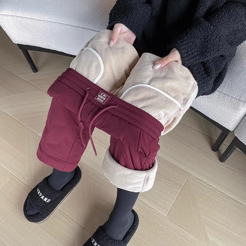 安可拉红直筒羽绒裤女冬季高腰加厚三防白鸭绒九分小个子外穿棉裤