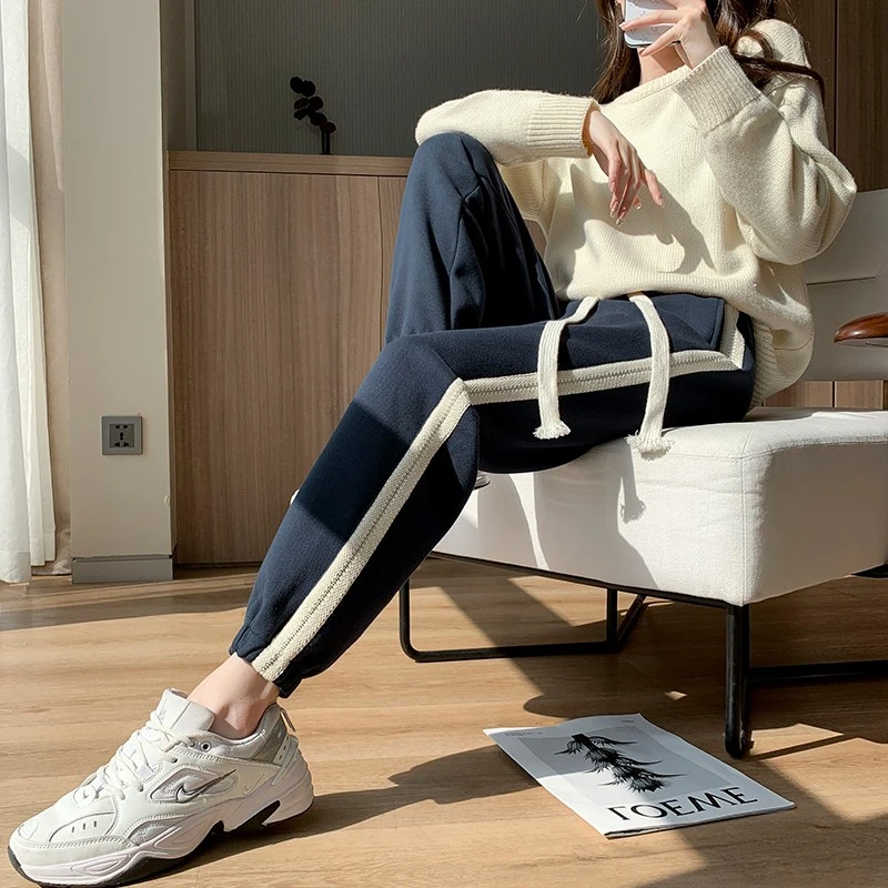 加绒运动裤女束脚秋冬2025新款高腰宽松显瘦加厚休闲哈伦蓝色卫裤