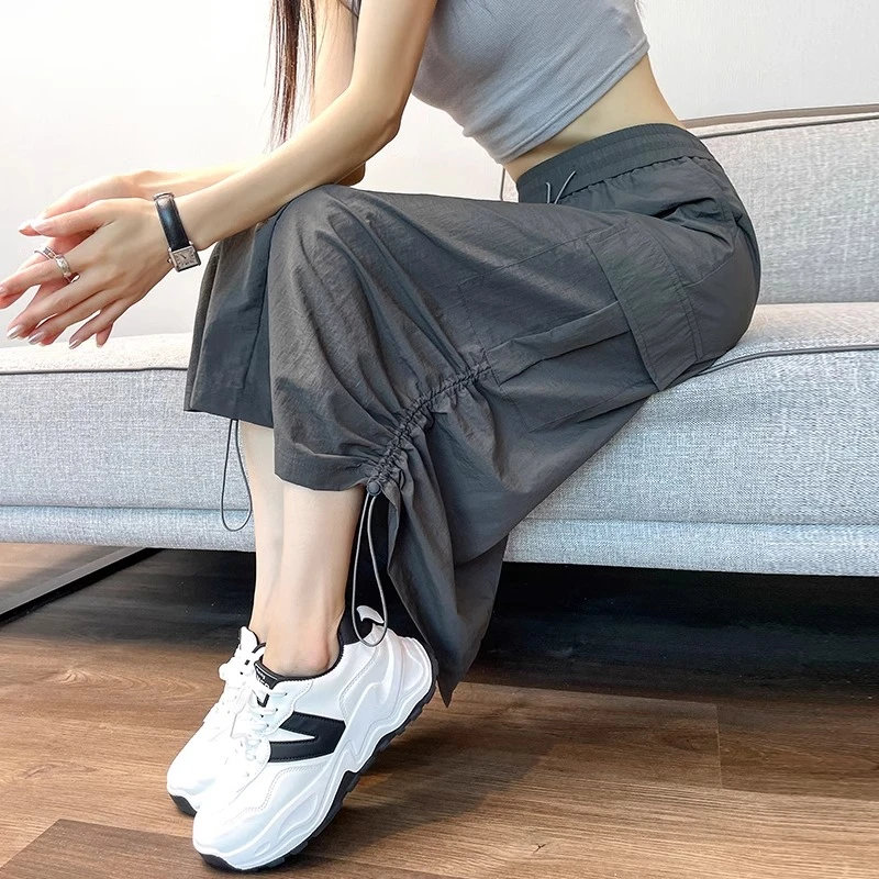 灰色工装裙女夏季薄款高腰显瘦后开叉速干冰丝包臀中长半身裙子