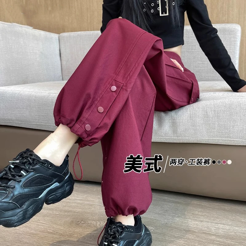 安可拉红色美式工装裤女春秋新款运动裤小个子高腰束脚阔腿登山裤