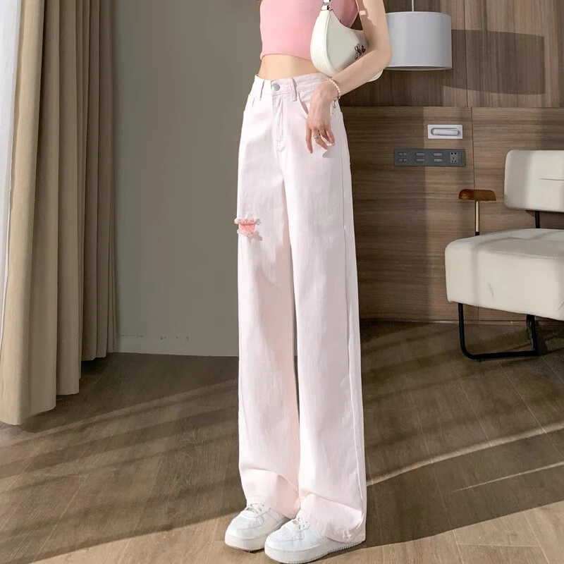 窄版牛仔裤女2024年新款白破洞女春季高腰显瘦直筒裤高档紫薇裤