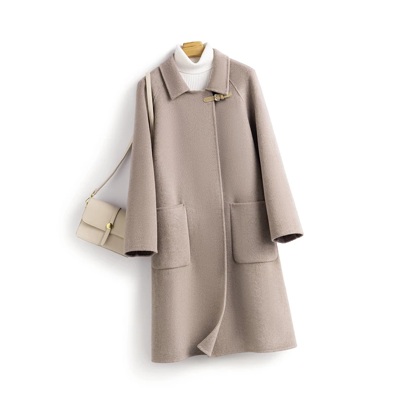 长款娃娃领双面呢大衣皮卡扣气质女纯羊毛呢外套