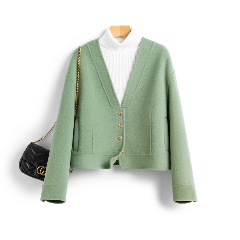 新款羊毛双面呢外套100%绵羊毛短款v领小香风女毛呢外套纯色韩版