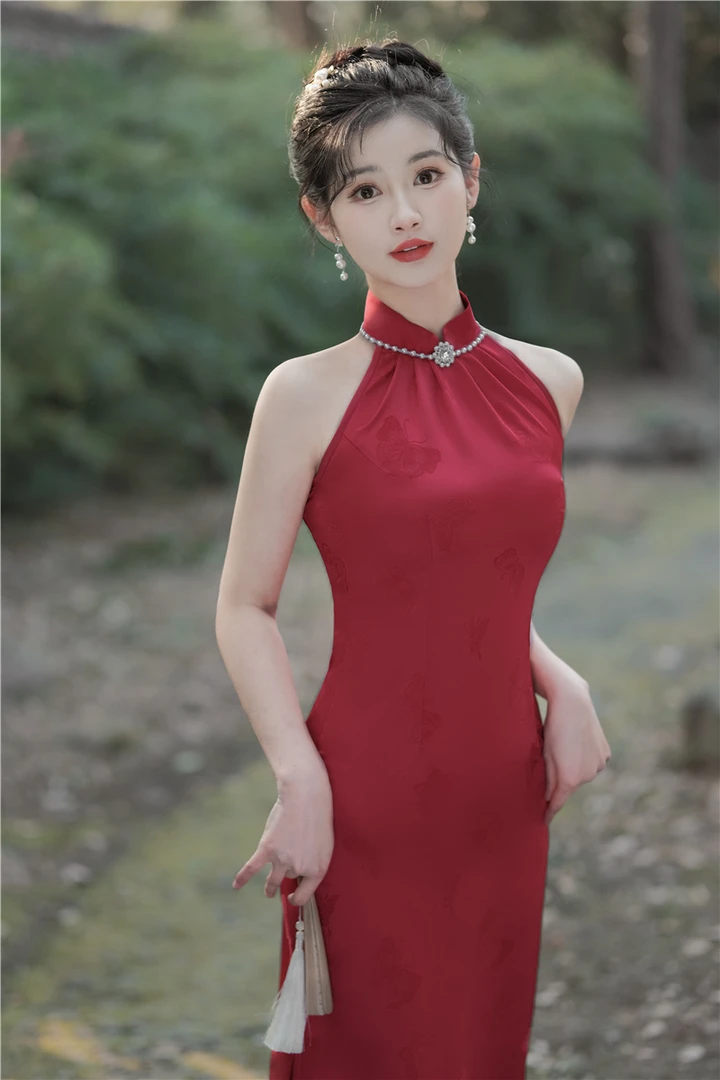 改良旗袍新款夏季黑色气质日常中式旗袍连衣裙性感露肩旗袍女9130