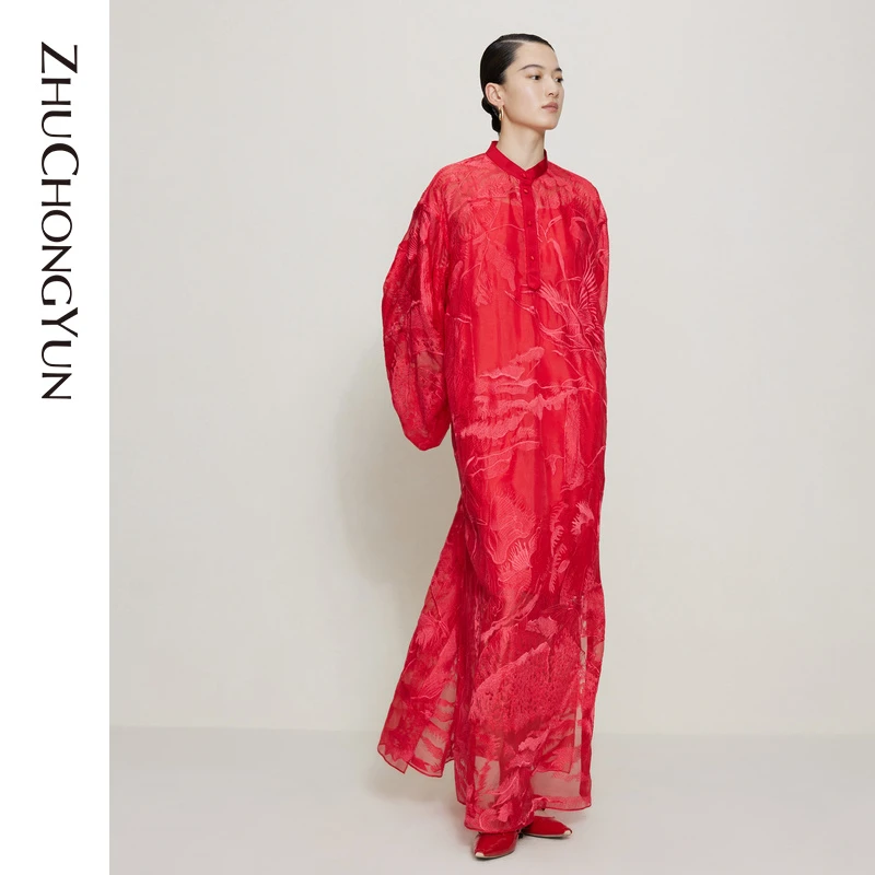 【喜宴红装】ZHUCHONGYUN秋季新款真丝连衣裙红桑蚕丝新中式连衣裙