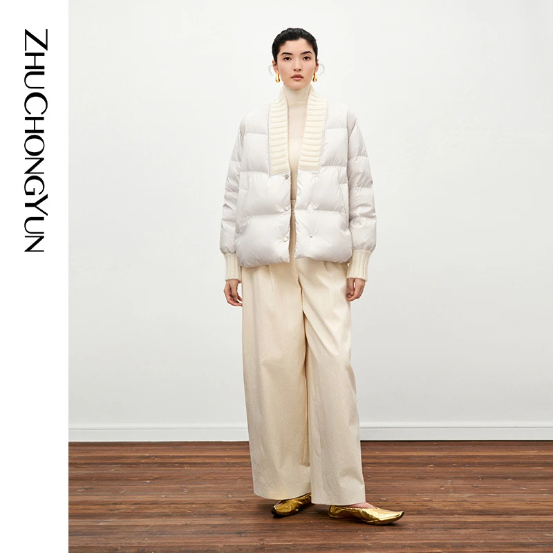 ZHUCHONGYUN2024秋新款简约时尚东方交领白色拼接羊毛罗纹羽绒服