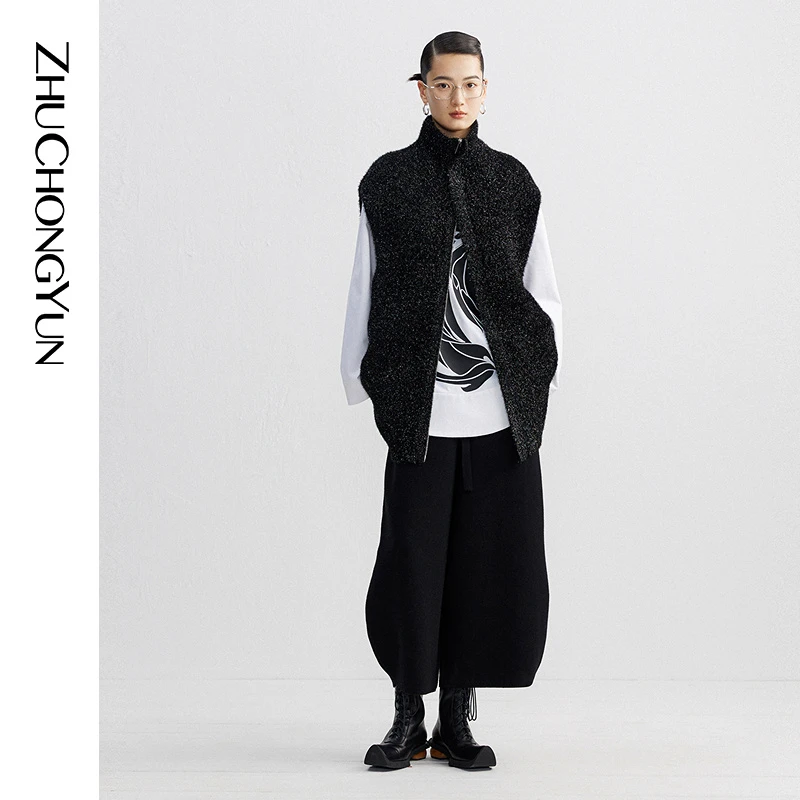 【金银丝面料】ZHUCHONGYUN2023冬新款宽肩双头拉链马甲背心