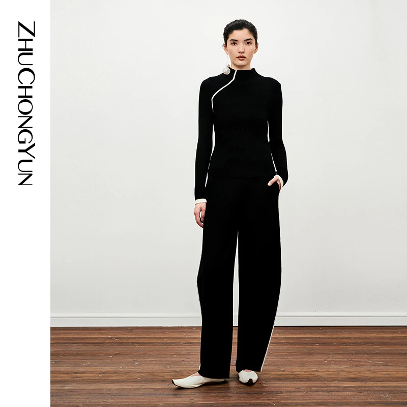 ZHUCHONGYUN2024冬新款小高领斜襟撞色拼接灵感修身针织上衣