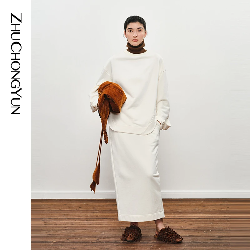 ZHUCHONGYUN2024冬新款简约时尚棉质直筒开衩长款卫衣裙半身裙