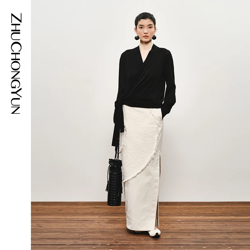 ZHUCHONGYUN2024秋新款黑色斜门襟系带式薄款针织开衫上衣