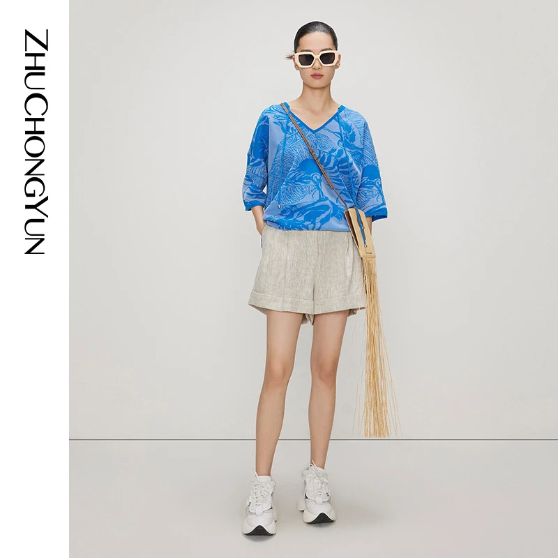 【米儿精选】ZHUCHONGYUN夏款提花V领宽松五分袖针织衫