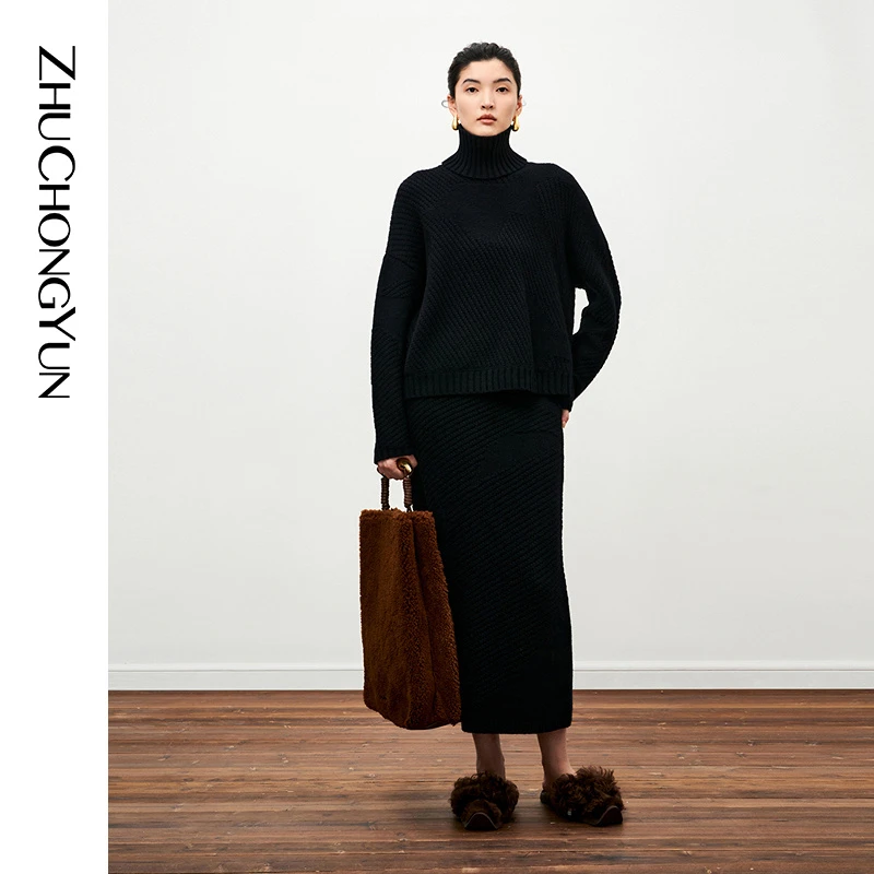 ZHUCHONGYUN2024冬新款黑色粗针肌理绵羊毛针织直筒长款半身裙