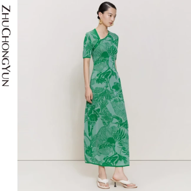 【艾钱钱精选】ZHUCHONGYUN夏绿色白鹳长裙国风优雅连衣裙CCCX2874M