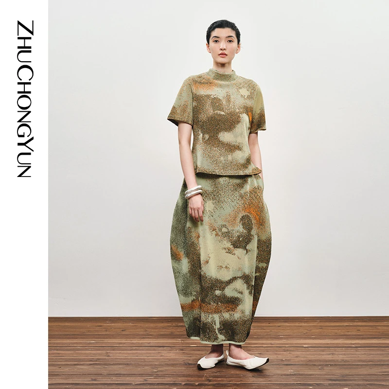 【冬姐精选】ZHUCHONGYUN原创花稿提花半高领针织上衣