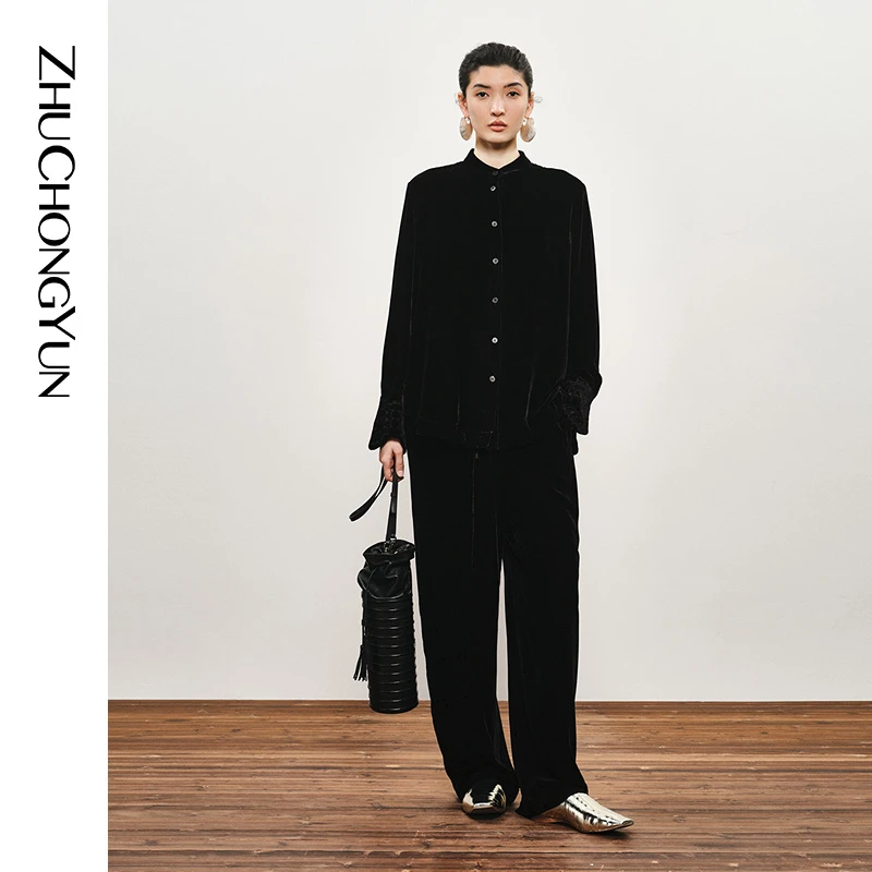 ZHUCHONGYUN2024秋新款黑色时尚简约抽绳腰带丝绒长裤子