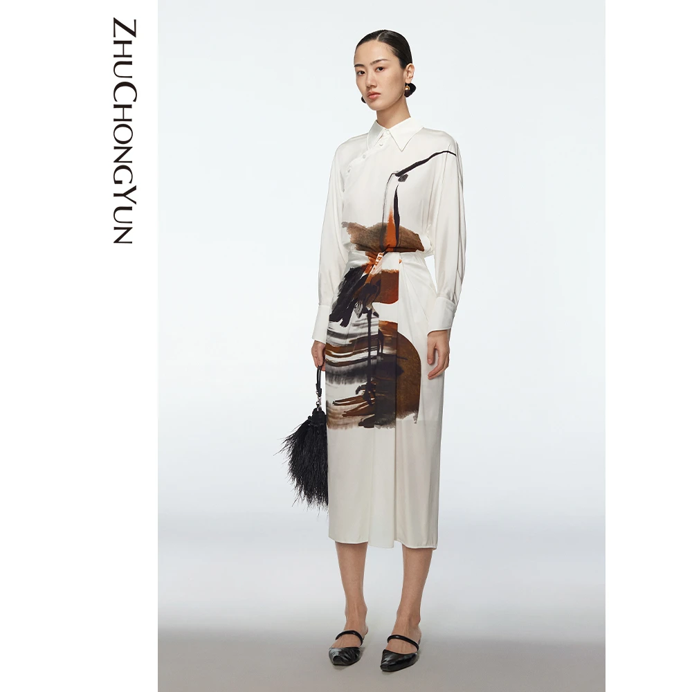 ZHUCHONGYUN印花气质时尚半身裙桑蚕丝印花国风中腰