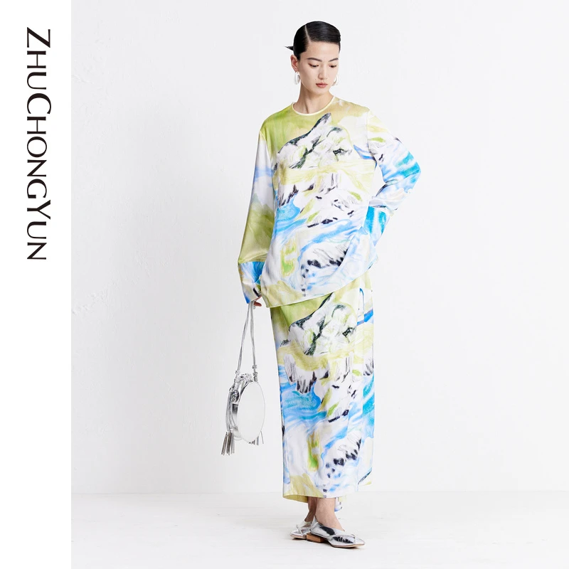 【松烟云径】ZHUCHONGYUN2023秋新款真丝宽袖圆领上衣长袖