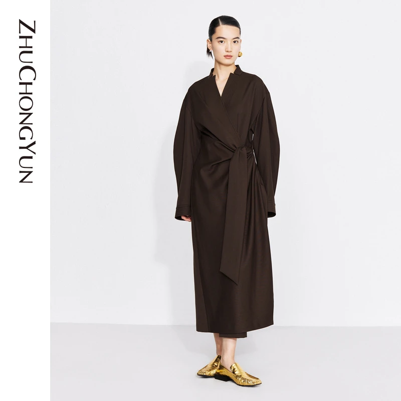 ZHUCHONGYUN秋冬垂坠感纯羊毛连衣裙保暖长裙
