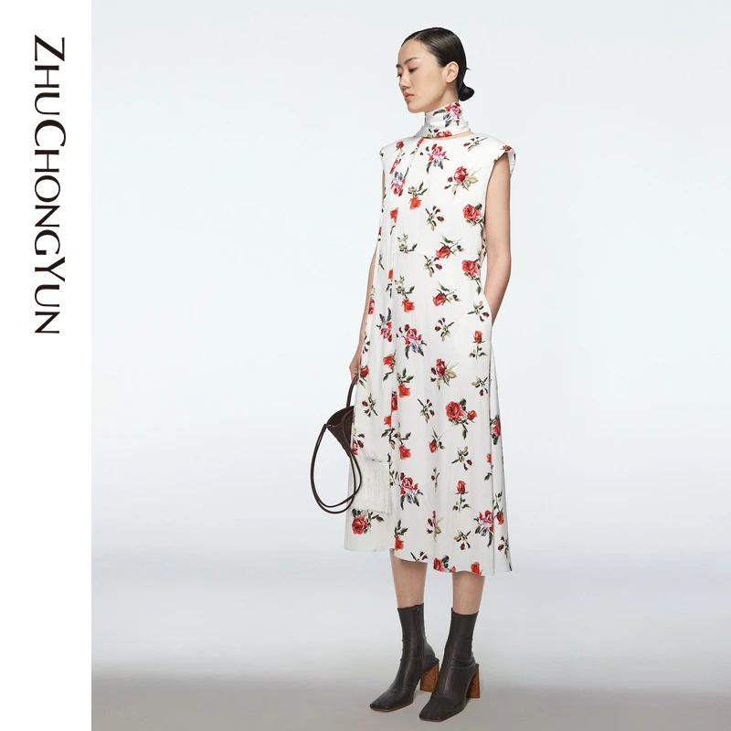 【平子精选】ZHUCHONGYUN新款原创碎花白底连衣裙高端气质裙子