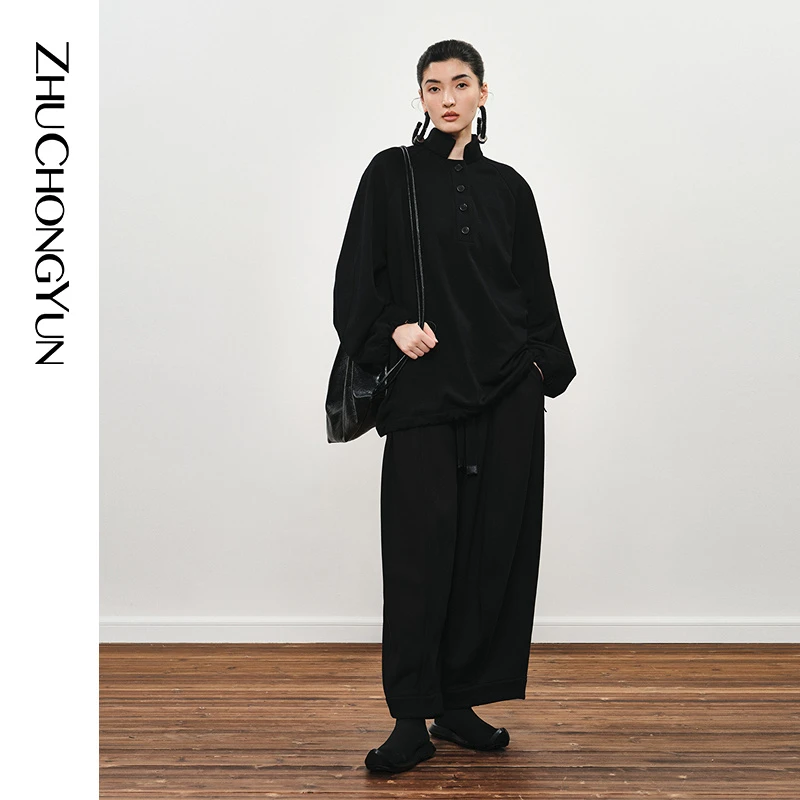 ZHUCHONGYUN2024冬新款黑色时尚简约立领宽松抽绳羊毛上衣