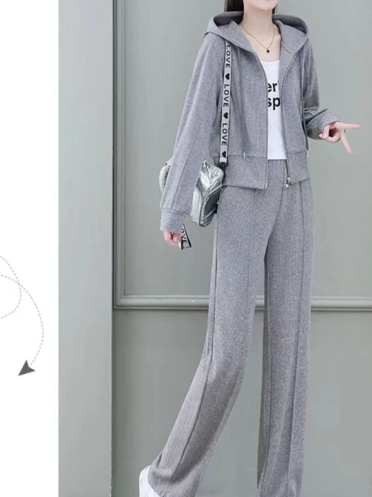 大码女装韩版气质高雅秋季休闲套装减龄运动连帽宽松阔腿裤网红
