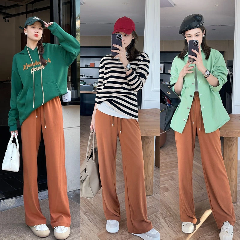 美洋MEIYANG 焦糖千层休闲裤 高腰抽绳垂感阔腿百搭条纹拖地长裤