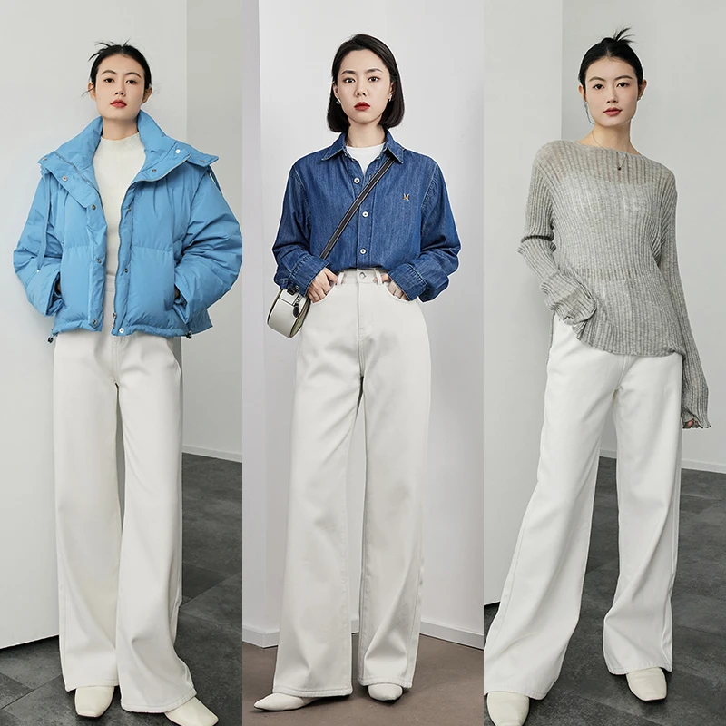 【现货】美洋MEIYANG 雪地超模牛仔裤 白裤子宽松加绒阔腿长裤