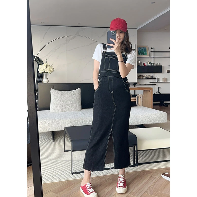 美洋MEIYANG 黑蝴蝶背带裙 甜酷少女风~开叉直筒中长款牛仔连衣裙