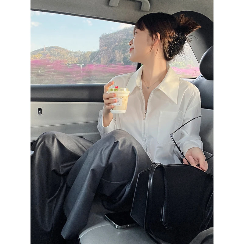 A美洋MEIYANG 拉链白衬衫 抗皱免熨烫~直筒长袖通勤衬衣春秋