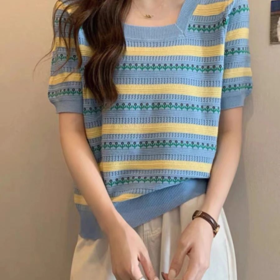 胖mm宽松遮肉显瘦方领冰丝短袖t恤女夏季遮肚子减龄百搭条纹上衣