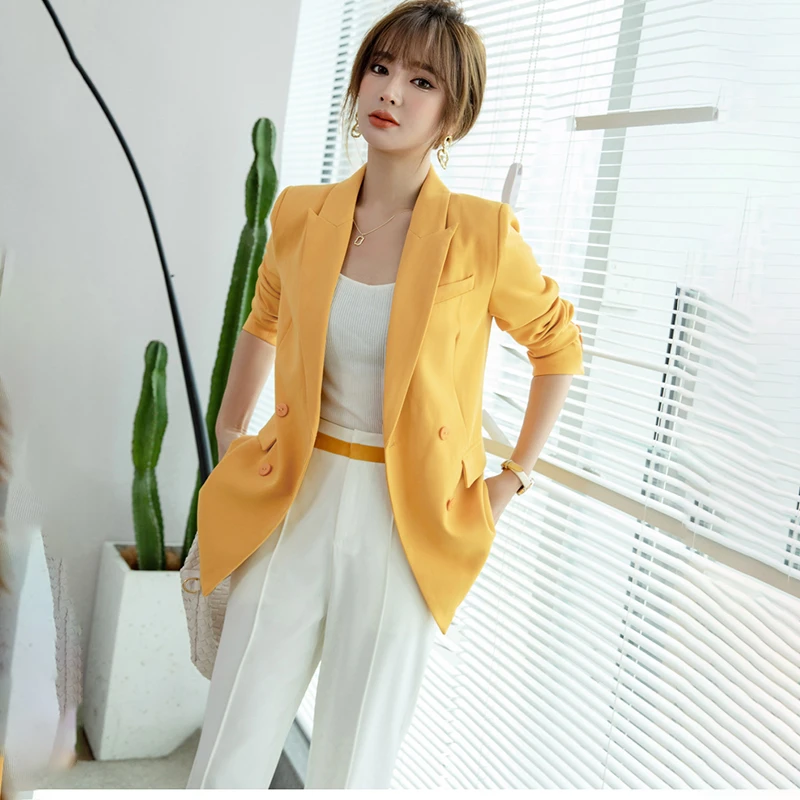 漫凌9120高级感垂感西装套装女新款黄色西服长裤两件套时尚显瘦