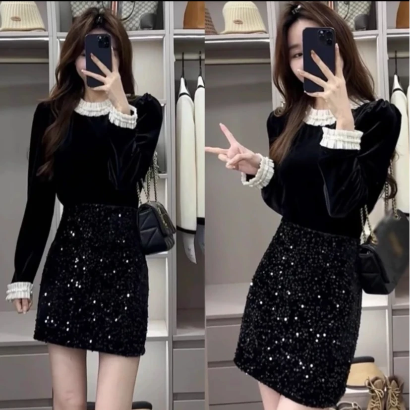 2025新款小香风黑色丝绒拼接长袖衬衫高腰亮片半身裙两件套女春秋