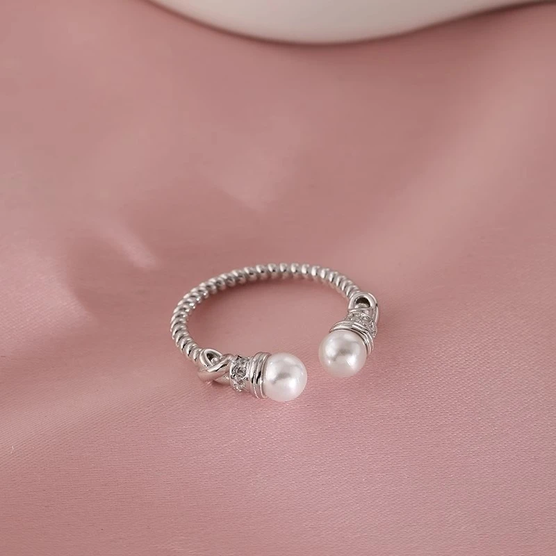 足银仿珍珠戒指 足银麻花贝珠戒指女款高级设计感中古风开口指环