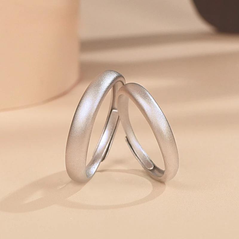 足银戒指 990足银磨砂情侣戒指纯银活口素圈指环七夕礼物送女友