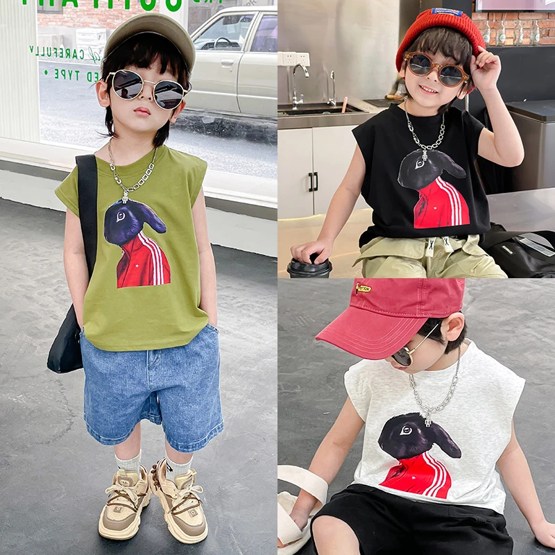 儿童夏季百搭休闲透气T恤纯棉无袖背心夏款中小童夏季薄款上衣