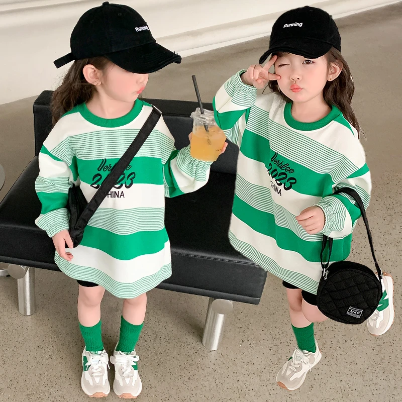 女童长袖卫衣春秋款2023新款条纹洋气儿童上衣春装女宝宝童装衣服