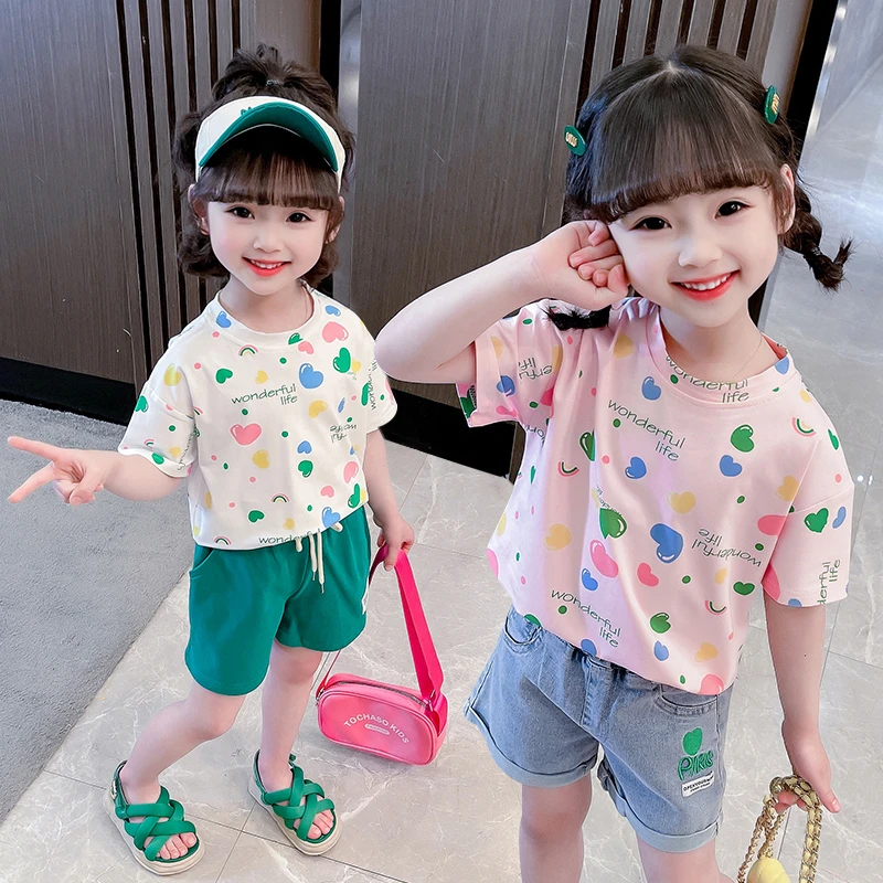 女童纯棉T恤小女孩夏季碎花打底衫女宝爱心印花洋气上衣儿童潮衣